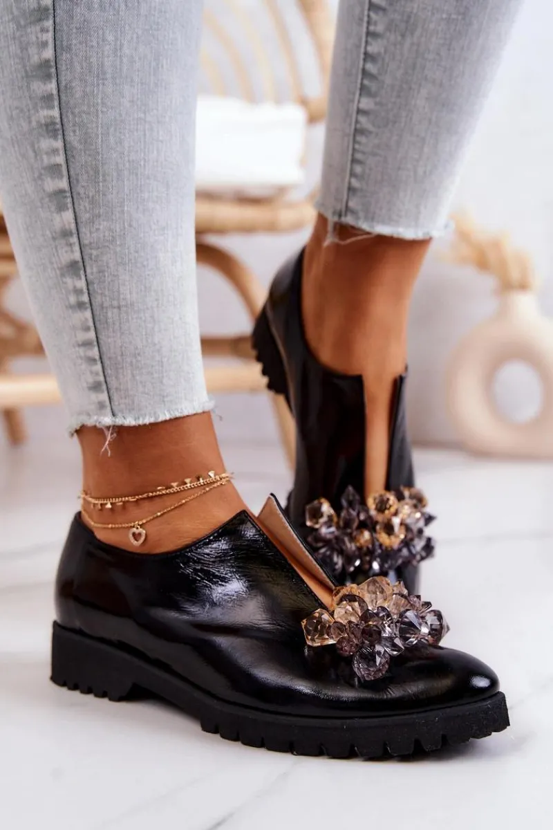 Półbuty Skórzane>Boto Eleganckie Skórzane Półbuty Z Ozdobą Czarne Cindy Czarny