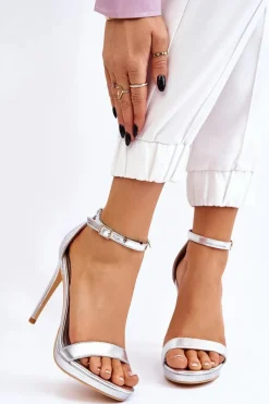 Sandały Na Obcasie>Boto Eleganckie Skórzane Sandałki Na Szpilce Srebrne Averie