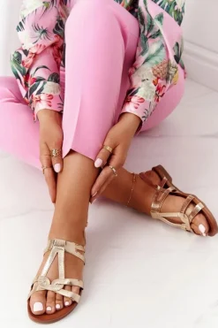 Best Eleganckie Skórzane Sandały S.Barski 541-A1 Złote Damskie Sandały Płaskie