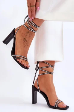 Eleganckie Wiązane Sandały Z Dżetami Czarne Nessy Damskie Sandały Na Obcasie
