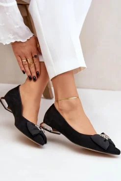 Sale Eleganckie Zamszowe Baleriny Damskie Z Kokardką 2893 Czarne Damskie Baleriny Skórzane|Baleriny Klasyczne