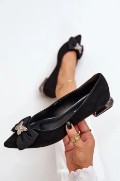 Sale Eleganckie Zamszowe Baleriny Damskie Z Kokardką 2893 Czarne Damskie Baleriny Skórzane|Baleriny Klasyczne