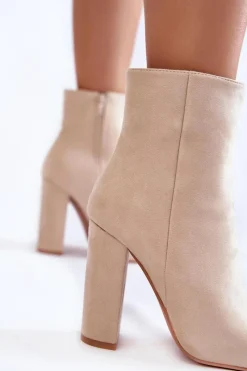 Discount Eleganckie Zamszowe Botki Na Słupku Beżowe Ettany Damskie Botki Ocieplane|Botki Na Słupku