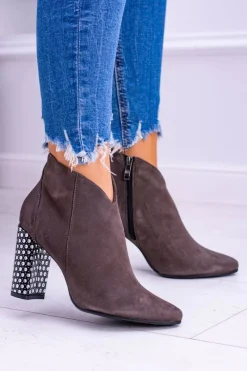 Botki Na Słupku|Brązowe I Beżowe Botki>Laura Messi Eleganckie Zamszowe Botki na Słupku Khaki 1849