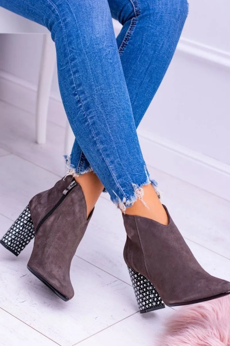 Botki Na Słupku|Brązowe I Beżowe Botki>Laura Messi Eleganckie Zamszowe Botki na Słupku Khaki 1849