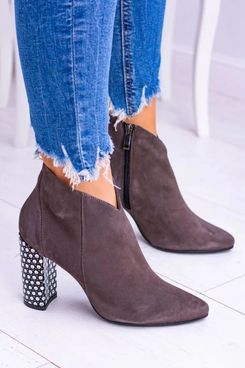 Botki Na Słupku|Brązowe I Beżowe Botki>Laura Messi Eleganckie Zamszowe Botki na Słupku Khaki 1849