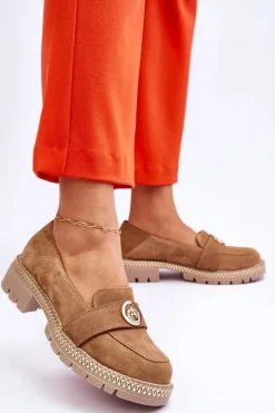 Hot Eleganckie Zamszowe Mokasyny Ciemnobeżowe Laverne Damskie Loafersy Damskie|Mokasyny Płaskie
