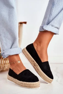 Discount Boto Espadryle Damskie Gruba Podeszwa Lniane Czarne Febi