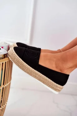 Discount Boto Espadryle Damskie Gruba Podeszwa Lniane Czarne Febi