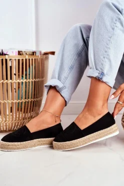 Discount Boto Espadryle Damskie Gruba Podeszwa Lniane Czarne Febi