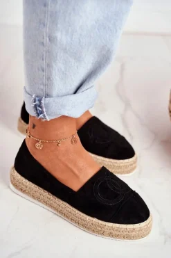 Discount Boto Espadryle Damskie Gruba Podeszwa Lniane Czarne Febi