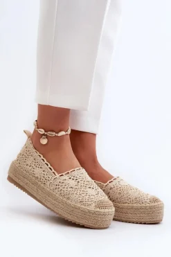 Espadryle Na Platformie>Boto Espadryle Damskie Koronkowe Na Platformie Beżowe Elarose