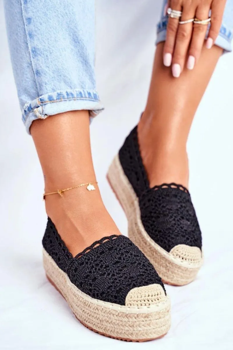 Best Boto Espadryle Damskie Koronkowe Czarne Platforma Desante