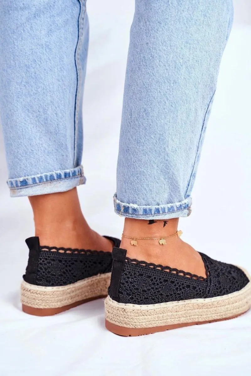 Best Boto Espadryle Damskie Koronkowe Czarne Platforma Desante