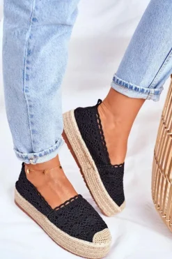 Best Boto Espadryle Damskie Koronkowe Czarne Platforma Desante