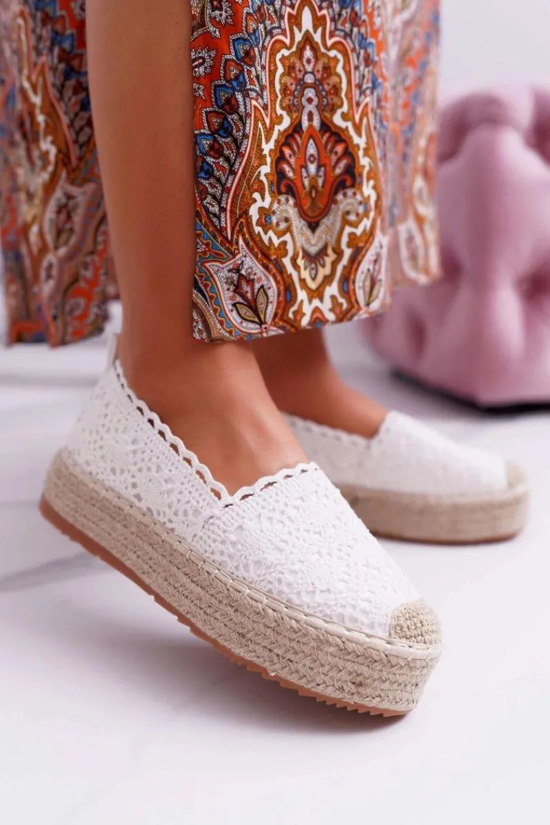 Czarne Espadryle>Boto Espadryle Damskie Koronkowe Białe Platforma Desante