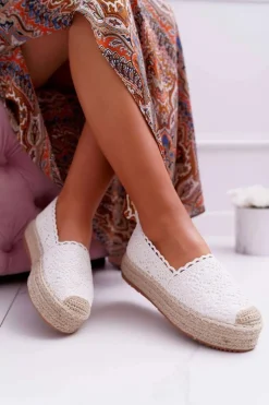 Czarne Espadryle>Boto Espadryle Damskie Koronkowe Białe Platforma Desante