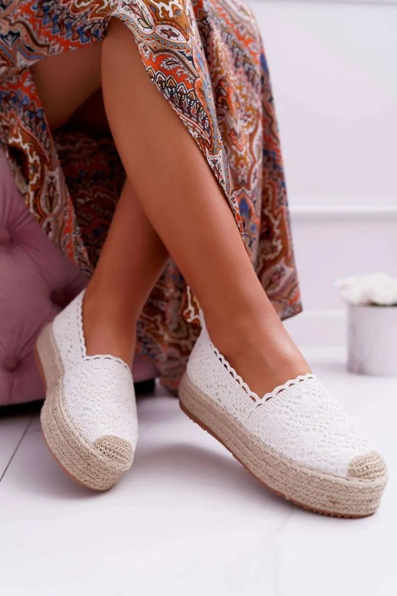 Czarne Espadryle>Boto Espadryle Damskie Koronkowe Białe Platforma Desante
