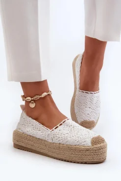 Clearance Boto Espadryle Damskie Koronkowe Na Platformie Białe Elarose