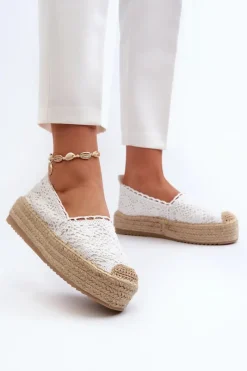 Clearance Boto Espadryle Damskie Koronkowe Na Platformie Białe Elarose