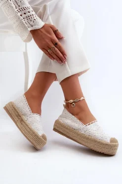 Clearance Boto Espadryle Damskie Koronkowe Na Platformie Białe Elarose