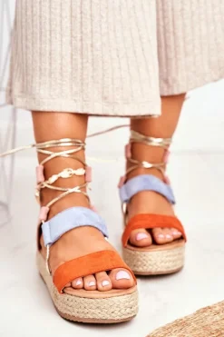 Sale Espadryle Damskie Na Platformie Wiązane Pomarańczowe Fuerta Damskie Czarne Espadryle