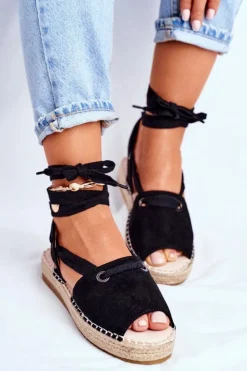 Czarne Espadryle>Boto Espadryle Damskie Na Platformie Lniane Czarne Monacoz