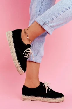 Czarne Espadryle>Boto Espadryle Damskie Na Platformie Lniane Czarne Sonya