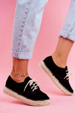 Czarne Espadryle></noscript>Boto Espadryle Damskie Na Platformie Lniane Czarne Sonya