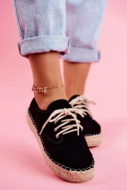 Czarne Espadryle></noscript>Boto Espadryle Damskie Na Platformie Lniane Czarne Sonya