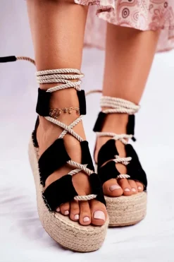 Sandały Na Obcasie>Boto Espadryle Damskie Na Platformie Lniane Czarne India