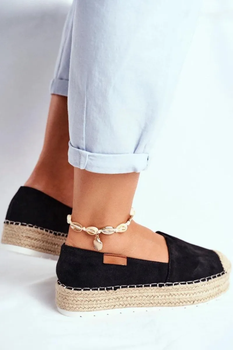 Czarne Espadryle>Boto Espadryle Damskie Na Platformie Lniane Czarne La Playa