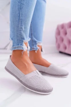 Clearance Espadryle Damskie Skóra Zamsz Szare Bimbo Damskie Baleriny Skórzane