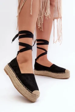New Espadryle Damskie Wiązane Na Platformie Z Plecionką Czarne Tailesse Damskie Espadryle Na Platformie