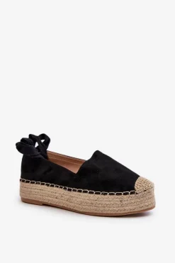 New Espadryle Damskie Wiązane Na Platformie Z Plecionką Czarne Tailesse Damskie Espadryle Na Platformie