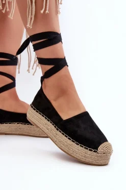 New Espadryle Damskie Wiązane Na Platformie Z Plecionką Czarne Tailesse Damskie Espadryle Na Platformie