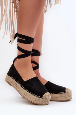 New Espadryle Damskie Wiązane Na Platformie Z Plecionką Czarne Tailesse Damskie Espadryle Na Platformie