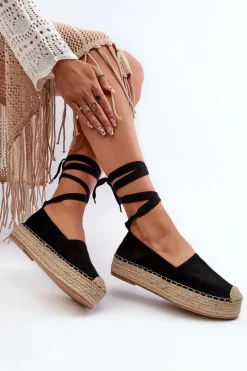 New Espadryle Damskie Wiązane Na Platformie Z Plecionką Czarne Tailesse Damskie Espadryle Na Platformie