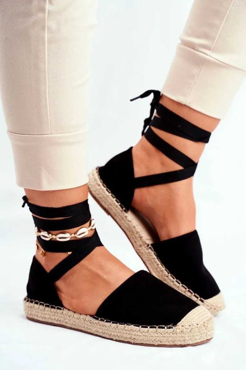 New Boto Espadryle Damskie Wiązane Lniane Czarne Bonjour