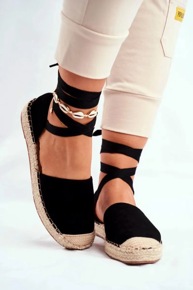 New Boto Espadryle Damskie Wiązane Lniane Czarne Bonjour