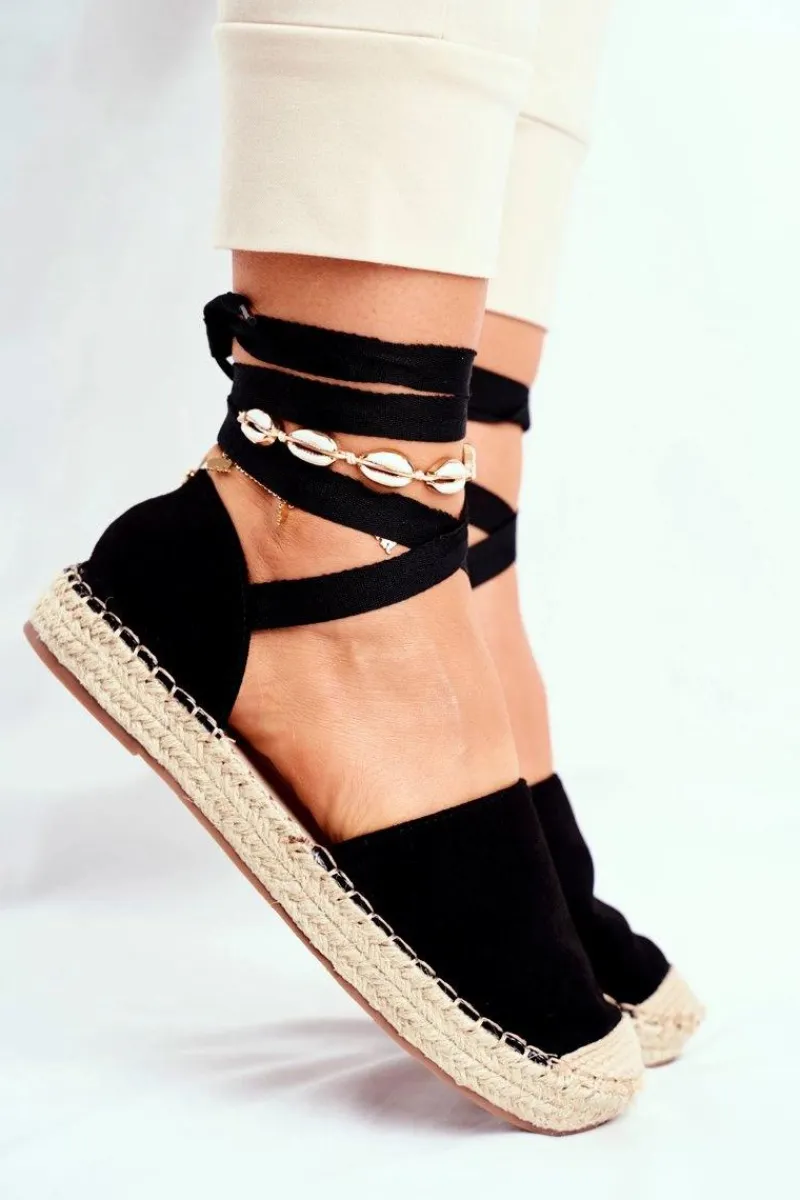 New Boto Espadryle Damskie Wiązane Lniane Czarne Bonjour