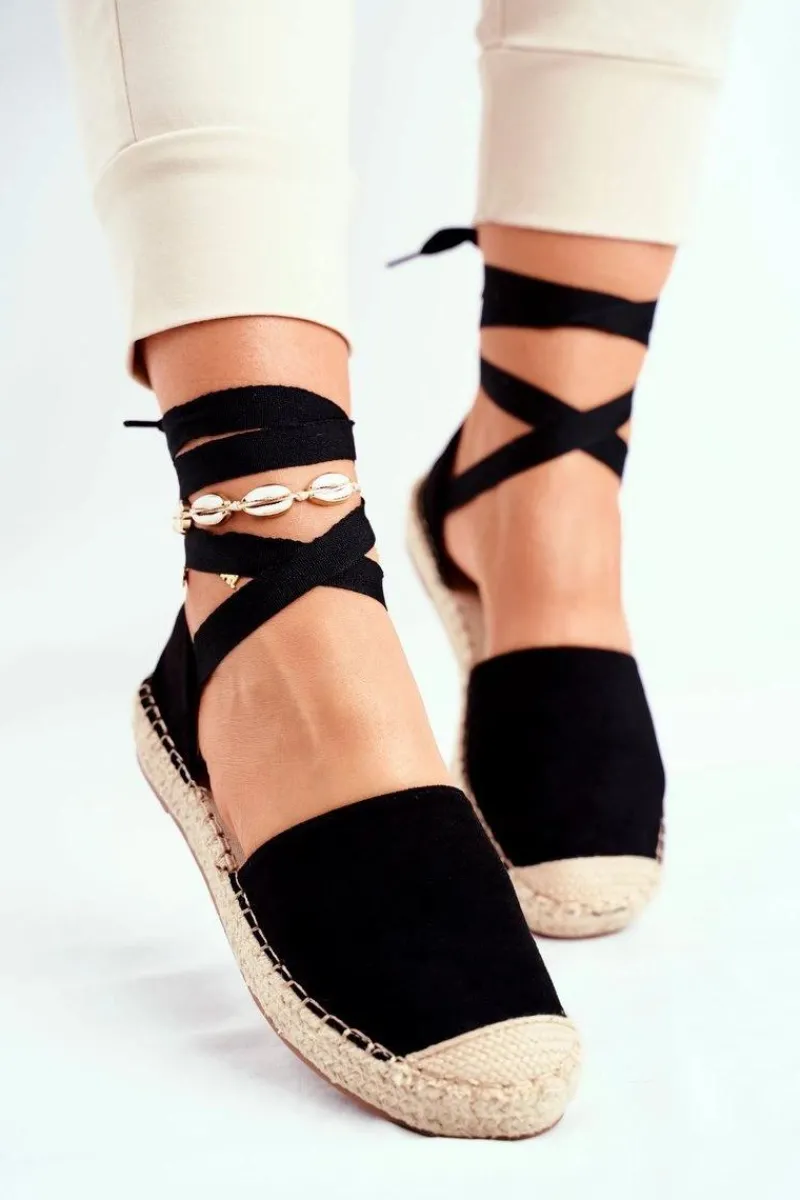 New Boto Espadryle Damskie Wiązane Lniane Czarne Bonjour