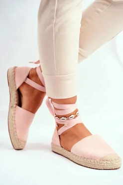 Czarne Espadryle>Boto Espadryle Damskie Wiązane Lniane Różowe Bonjour
