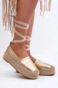 Espadryle Na Platformie>Boto Espadryle Damskie Wiązane Na Platformie Z Plecionką Złote Tailesse