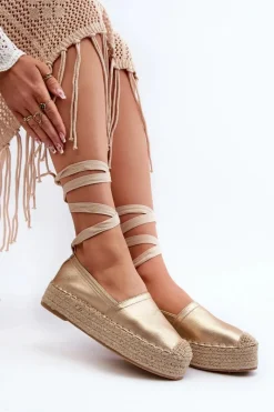 Espadryle Na Platformie>Boto Espadryle Damskie Wiązane Na Platformie Z Plecionką Złote Tailesse