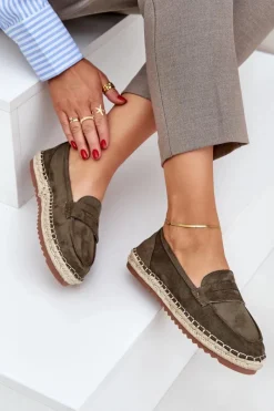 Discount Espadryle Damskie Z Jutową Plecionką Na Płaskiej Podeszwie Ciemnozielone Shilova Damskie Espadryle Na Platformie