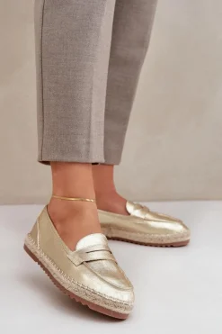 New Espadryle Damskie Z Jutową Plecionką Na Płaskiej Podeszwie Złote Shilova Damskie Espadryle Na Platformie