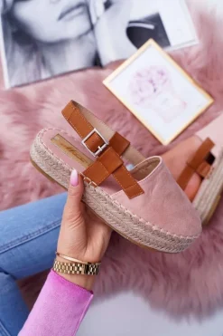Outlet Boto Espadryle Damskie Zamszowe Na Platformie Różowe Parteno