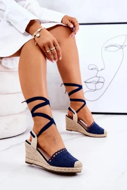 Outlet Boto Espadryle Na Koturnie Ażurowe Granatowe Lettica