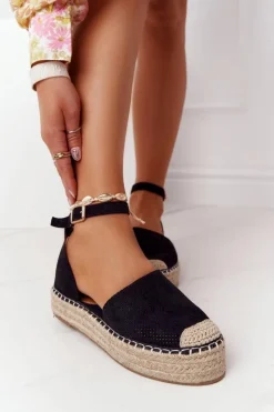 Outlet Boto Espadryle Na Słomkowej Platformie Czarne Bali